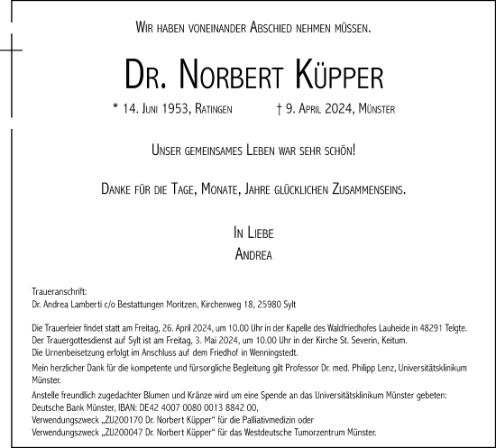Traueranzeige von Norbert Küpper von Sylter Rundschau