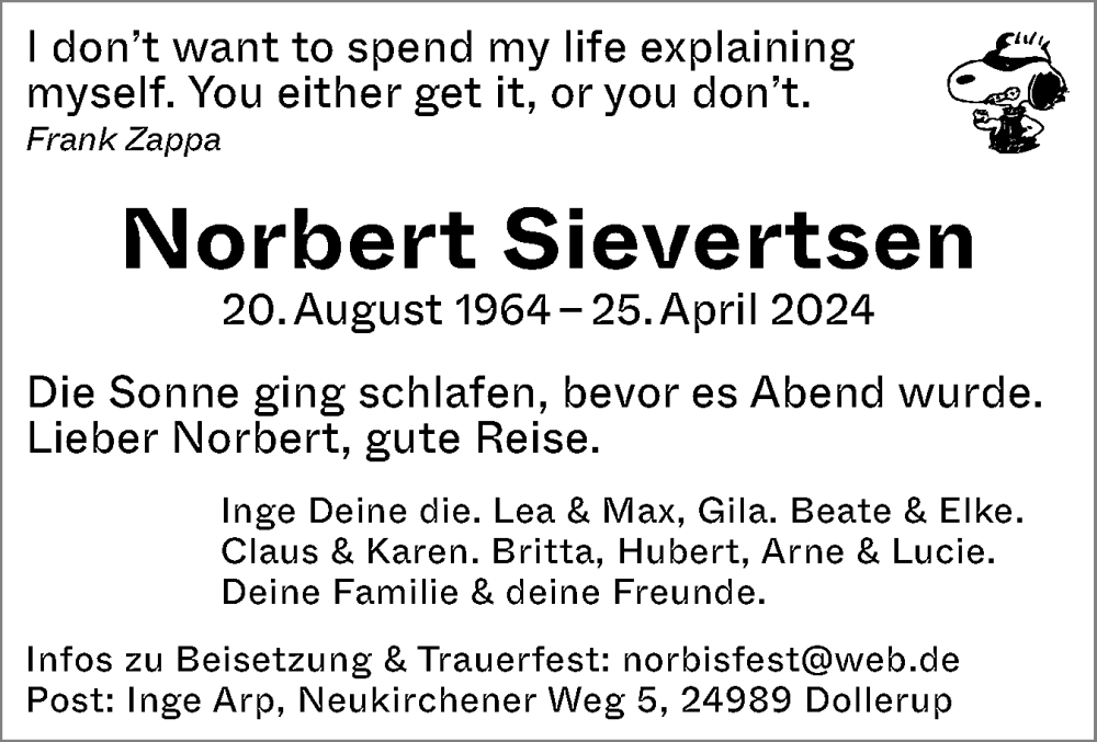  Traueranzeige für Norbert Sievertsen vom 04.05.2024 aus Region Flensburg