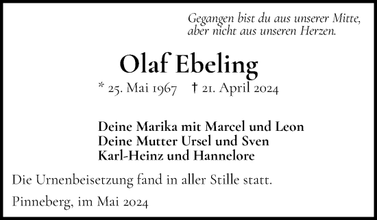 Traueranzeige von Olaf Ebeling von Region Pinneberg und tip Pinneberg