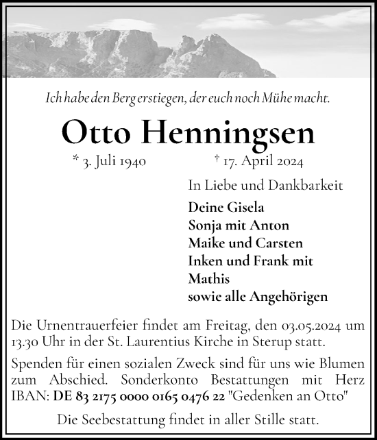 Traueranzeige von Otto Henningsen von Flensburger Tageblatt, Schleswiger Nachrichten, Schlei-Bote