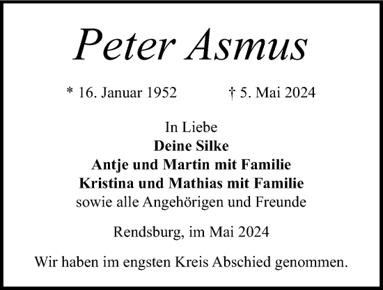 Traueranzeige von Peter Asmus von Schleswig-Holsteinische Landeszeitung