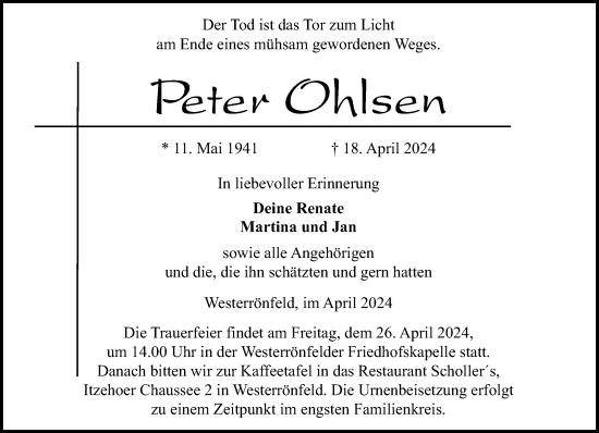 Traueranzeige von Peter Ohlsen von Schleswig-Holsteinische Landeszeitung