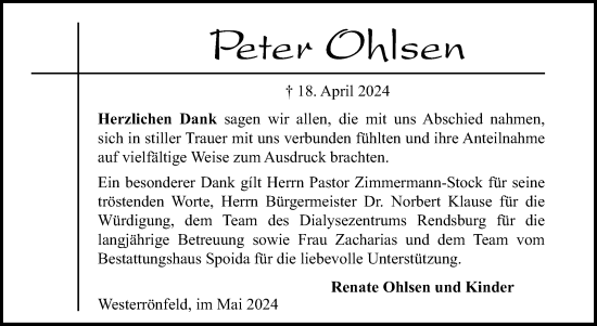Traueranzeige von Peter Ohlsen von Schleswig-Holsteinische Landeszeitung