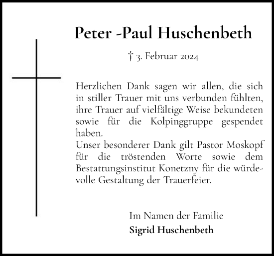Traueranzeige von Peter-Paul Huschenbeth von Elmshorner Nachrichten, Barmstedter Zeitung