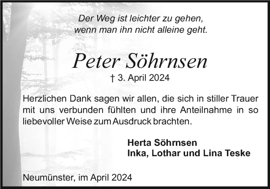 Traueranzeige von Peter Söhrnsen von Holsteinischer Courier