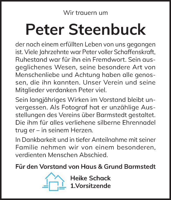 Traueranzeige von Peter Steenbuck von Elmshorner Nachrichten, Barmstedter Zeitung