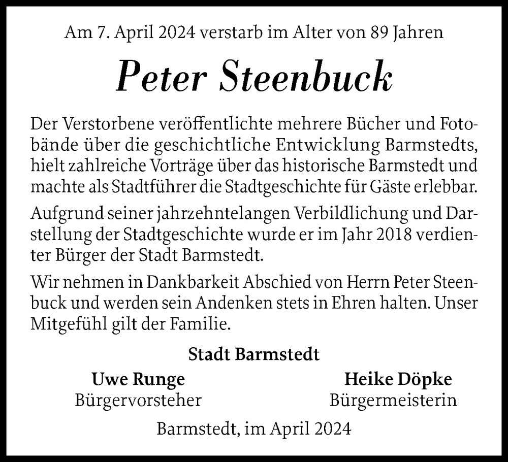  Traueranzeige für Peter Steenbuck vom 20.04.2024 aus Elmshorner Nachrichten, Barmstedter Zeitung