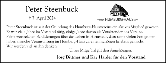 Traueranzeige von Peter Steenbuck von Elmshorner Nachrichten, Barmstedter Zeitung