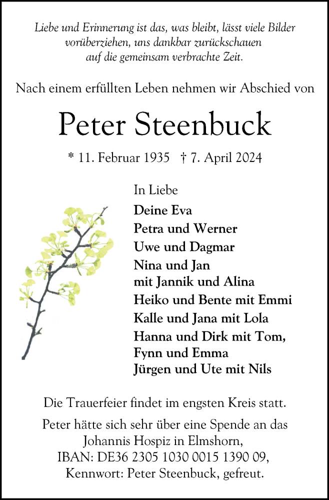  Traueranzeige für Peter Steenbuck vom 20.04.2024 aus Elmshorner Nachrichten, Barmstedter Zeitung