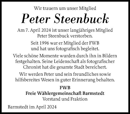 Traueranzeige von Peter Steenbuck von Elmshorner Nachrichten, Barmstedter Zeitung