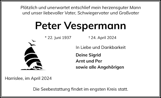 Traueranzeige von Peter Vespermann von Flensburger Tageblatt