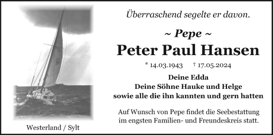 Traueranzeige von Peter Paul Hansen von Sylter Rundschau