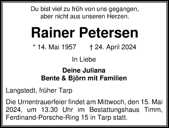 Traueranzeige von Rainer Petersen von Flensburger Tageblatt