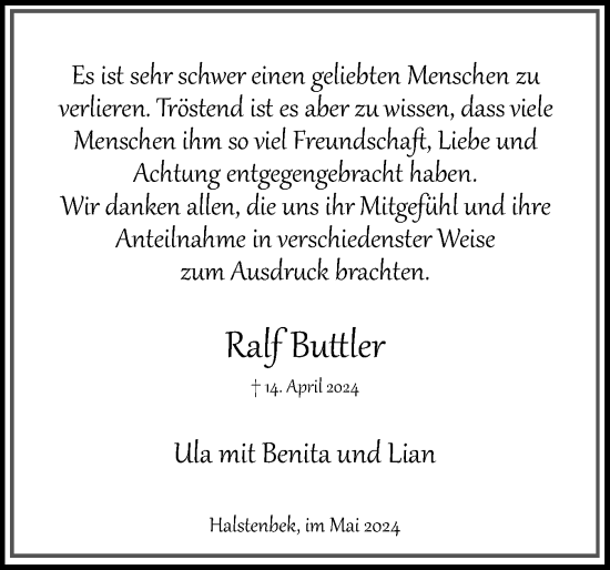 Traueranzeige von Ralf Buttler von Region Pinneberg und tip Pinneberg