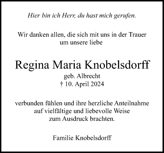 Traueranzeige von Regina Maria Knobelsdorff von Region Pinneberg und tip Pinneberg