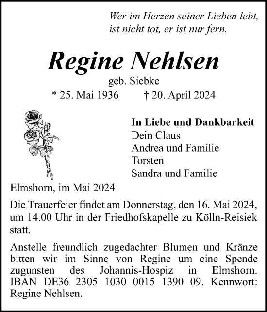 Traueranzeige von Regine Nehlsen von Elmshorner Nachrichten, Barmstedter Zeitung