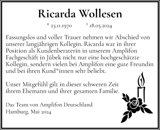 Traueranzeige von Ricarda Wollesen von Flensburger Tageblatt, Schleswiger Nachrichten, Schlei-Bote