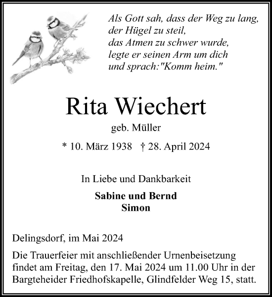 Traueranzeige von Rita Wiechert von Stormaner Tageblatt