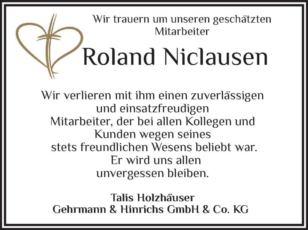  Traueranzeige für Roland Niclausen vom 23.05.2024 aus Region Flensburg