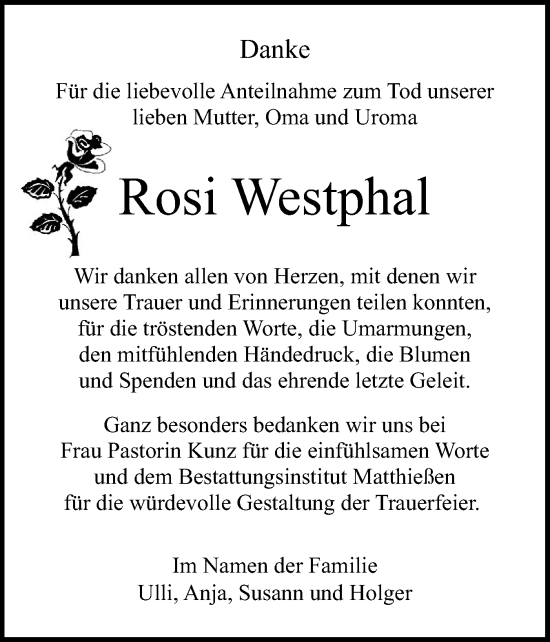 Traueranzeige von Rosi Westphal von Region Pinneberg und tip Pinneberg