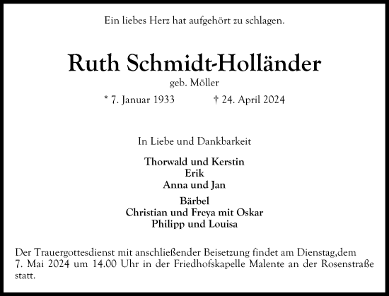 Traueranzeige von Ruth Schmidt-Holländer von Ostholsteiner Anzeiger