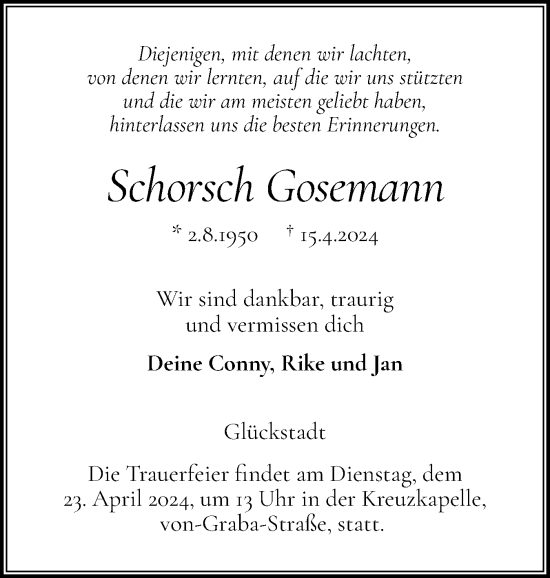 Traueranzeige von Schorsch Gosemann von Norddeutsche Rundschau, Wilstersche Zeitung, Glückstädter Fortuna