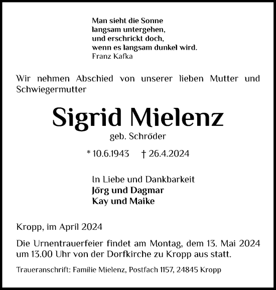 Traueranzeige von Sigrid Mielenz von Schleswig-Holsteinische Landeszeitung