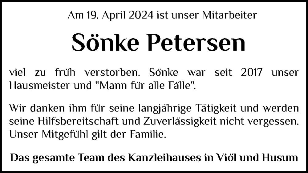  Traueranzeige für Sönke Petersen vom 25.04.2024 aus Husumer Nachrichten, Nordfriesland Tageblatt