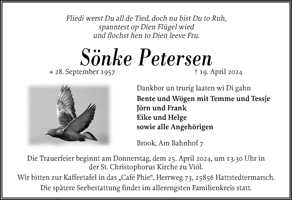 Traueranzeige für Sönke Petersen vom 23.04.2024 aus Husumer Nachrichten, Nordfriesland Tageblatt