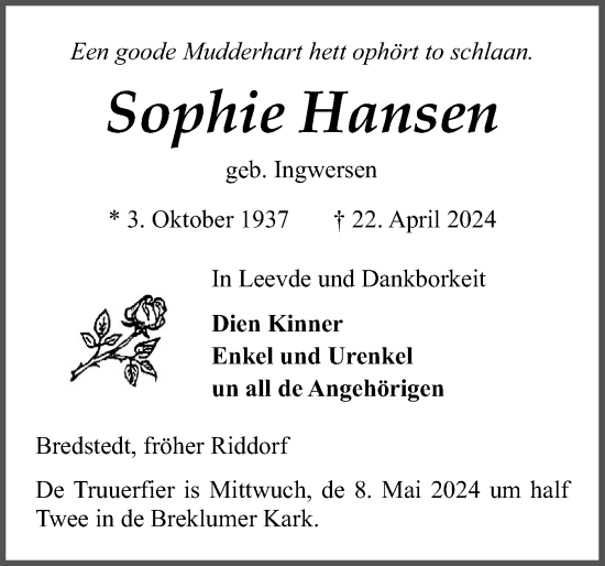 Traueranzeige von Sophie Hansen von Husumer Nachrichten, Nordfriesland Tageblatt