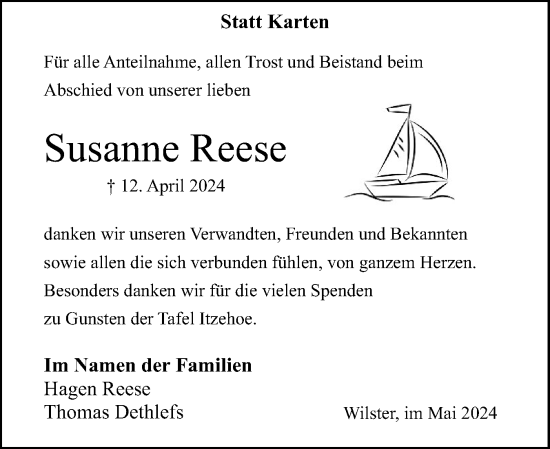 Traueranzeige von Susanne Reese von Norddeutsche Rundschau, Wilstersche Zeitung, Glückstädter Fortuna