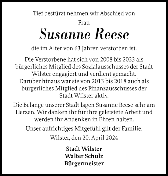 Traueranzeige von Susanne Reese von Norddeutsche Rundschau, Wilstersche Zeitung, Glückstädter Fortuna