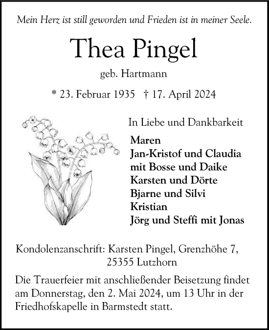 Traueranzeige von Thea Pingel von Elmshorner Nachrichten, Barmstedter Zeitung