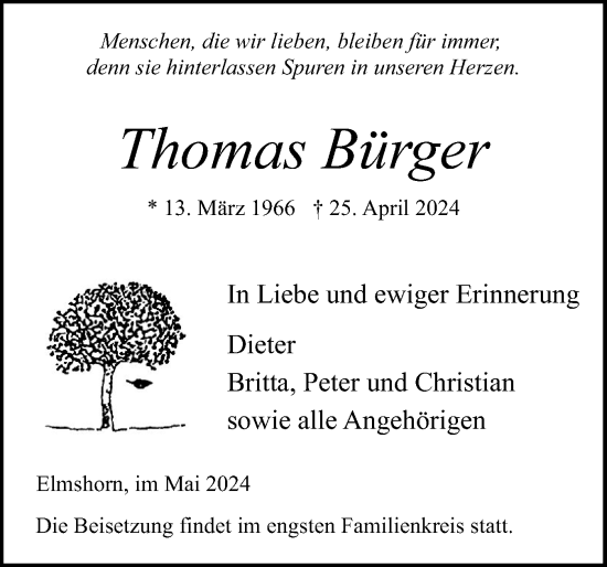 Traueranzeige von Thomas Bürger von Elmshorner Nachrichten, Barmstedter Zeitung