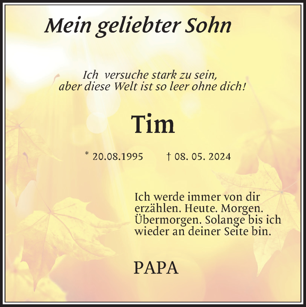  Traueranzeige für Tim Paulsen vom 15.05.2024 aus Husumer Nachrichten, Nordfriesland Tageblatt
