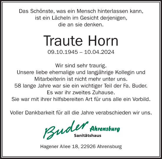 Traueranzeige von Traute Horn von Stormaner Tageblatt