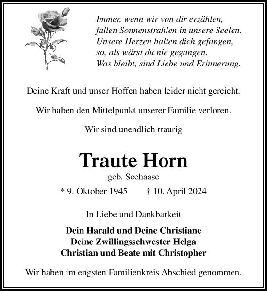 Traueranzeige von Traute Horn von Stormaner Tageblatt