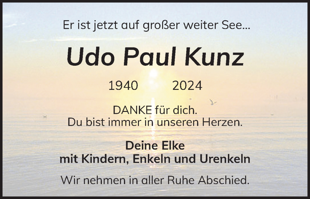  Traueranzeige für Udo Kunz vom 30.05.2024 aus Eckernförder Zeitung, Hallo Eckernförde