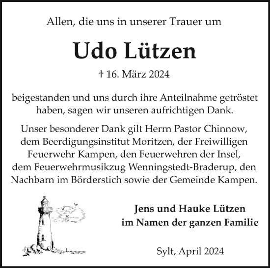 Traueranzeige von Udo Lützen von Sylter Rundschau