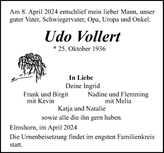 Traueranzeige von Udo Vollert von Elmshorner Nachrichten, Barmstedter Zeitung