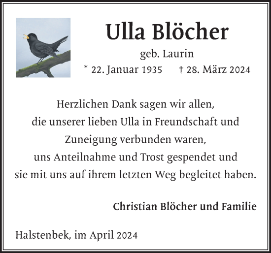 Traueranzeige von Ulla Blöcher von Region Pinneberg und tip Pinneberg