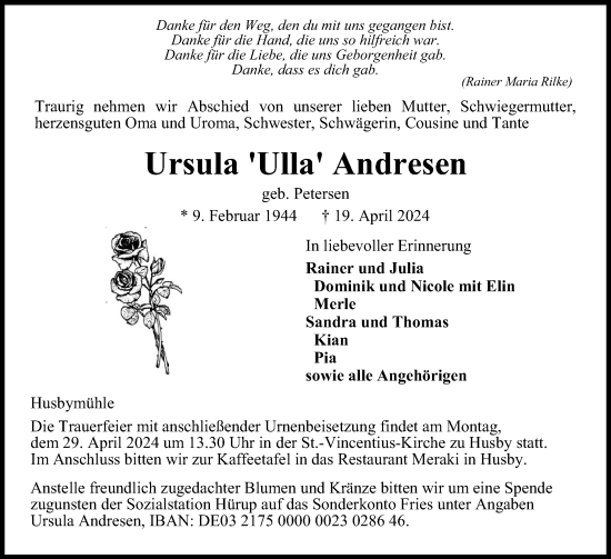 Traueranzeige von Ursula Andresen von Region Flensburg