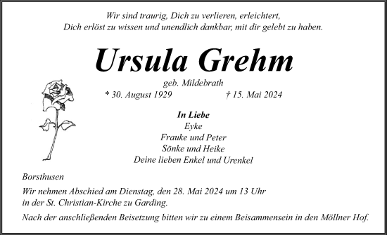 Traueranzeige von Ursula Grehm von Husumer Nachrichten, Nordfriesland Tageblatt