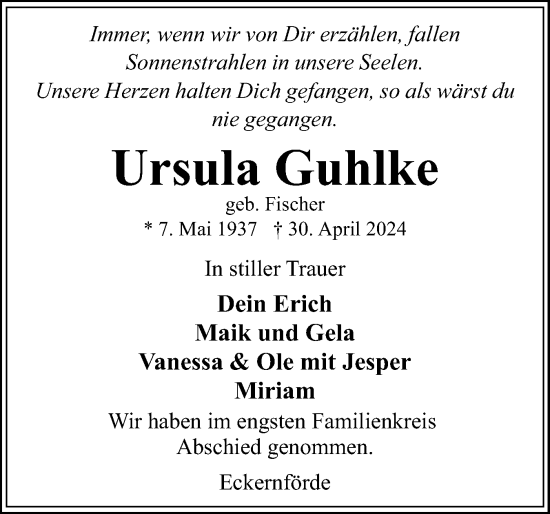 Traueranzeige von Ursula Guhlke von Eckernförder Zeitung, Hallo Eckernförde