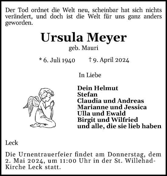 Traueranzeige von Ursula Meyer von Husumer Nachrichten, Nordfriesland Tageblatt