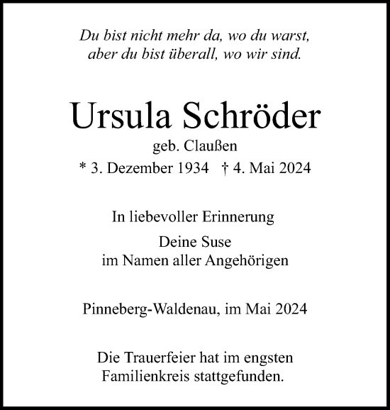 Traueranzeige von Ursula Schröder von Region Pinneberg und tip Pinneberg