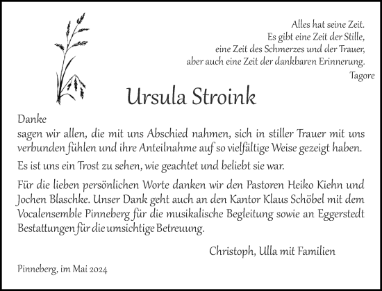 Traueranzeige von Ursula Stroink von Region Pinneberg und tip Pinneberg