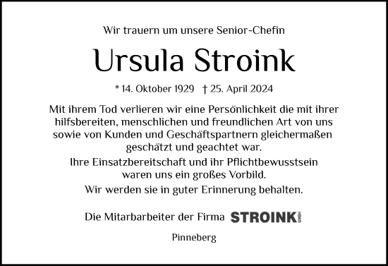 Traueranzeige von Ursula Stroink von Region Pinneberg und tip Pinneberg