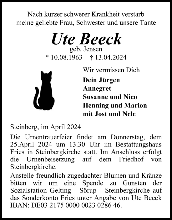 Traueranzeige von Ute Beeck von Flensburger Tageblatt