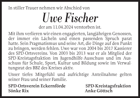 Traueranzeige von Uwe Fischer von Eckernförder Zeitung, Hallo Eckernförde